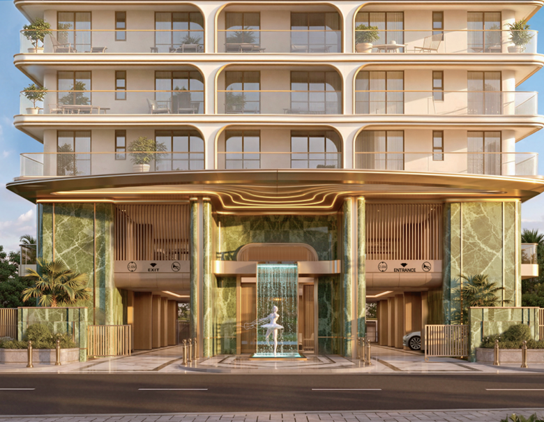 Avana Oasis Apartments luxury main entrance featuring elegant architectural design, landscaped surroundings and decorative water feature.