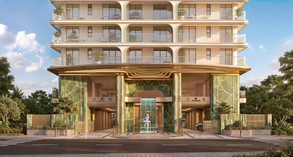 Avana Oasis Apartments luxury main entrance featuring elegant architectural design, landscaped surroundings and decorative water feature.