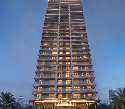 Avana Oasis Apartments modern residential tower exterior with glass balconies, contemporary architecture and landscaped entrance.