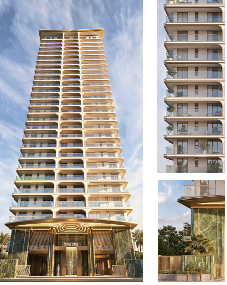 Avana Oasis Apartments illuminated residential tower at night with modern glass balconies and luxury entrance lighting.
