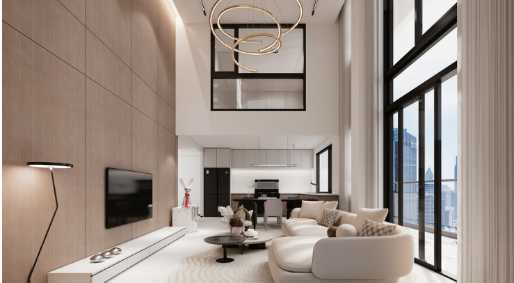 Avana Oasis Apartments luxurious double-height living room with floor-to-ceiling windows, elegant chandelier and modern open-plan kitchen.