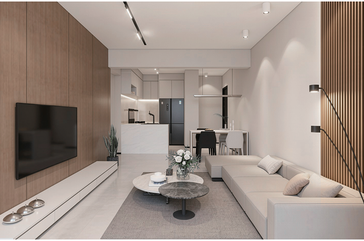 Avana Oasis Apartments contemporary living room with spacious seating area, modern kitchen, dining space and elegant finishes.