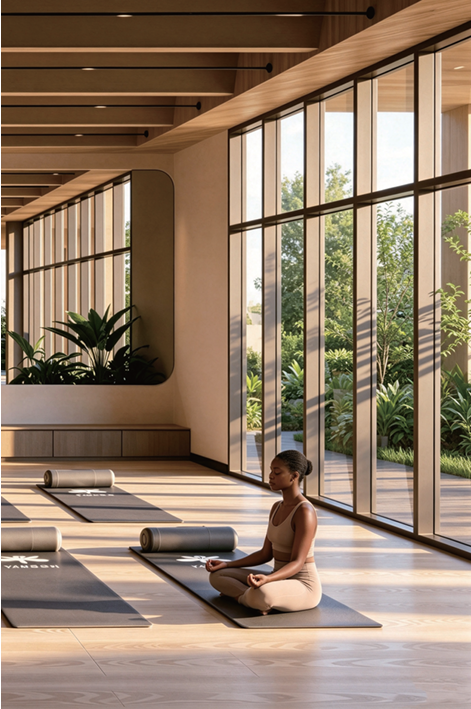Avana Oasis Apartments dedicated yoga and wellness room with spacious exercise area, floor-to-ceiling windows and garden views.