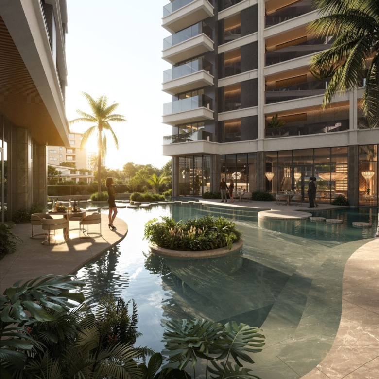 Balkis Residence Riverside Nairobi luxury swimming pool with landscaped gardens and modern apartment buildings.