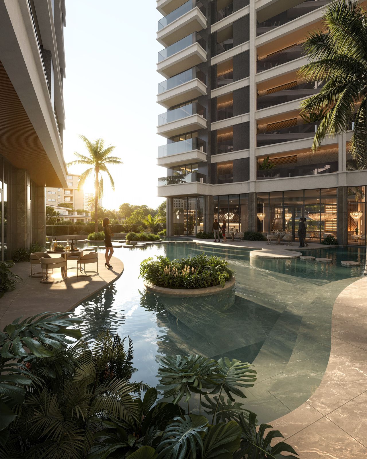 Balkis Residence Riverside Nairobi luxury swimming pool with landscaped gardens and modern apartment buildings.