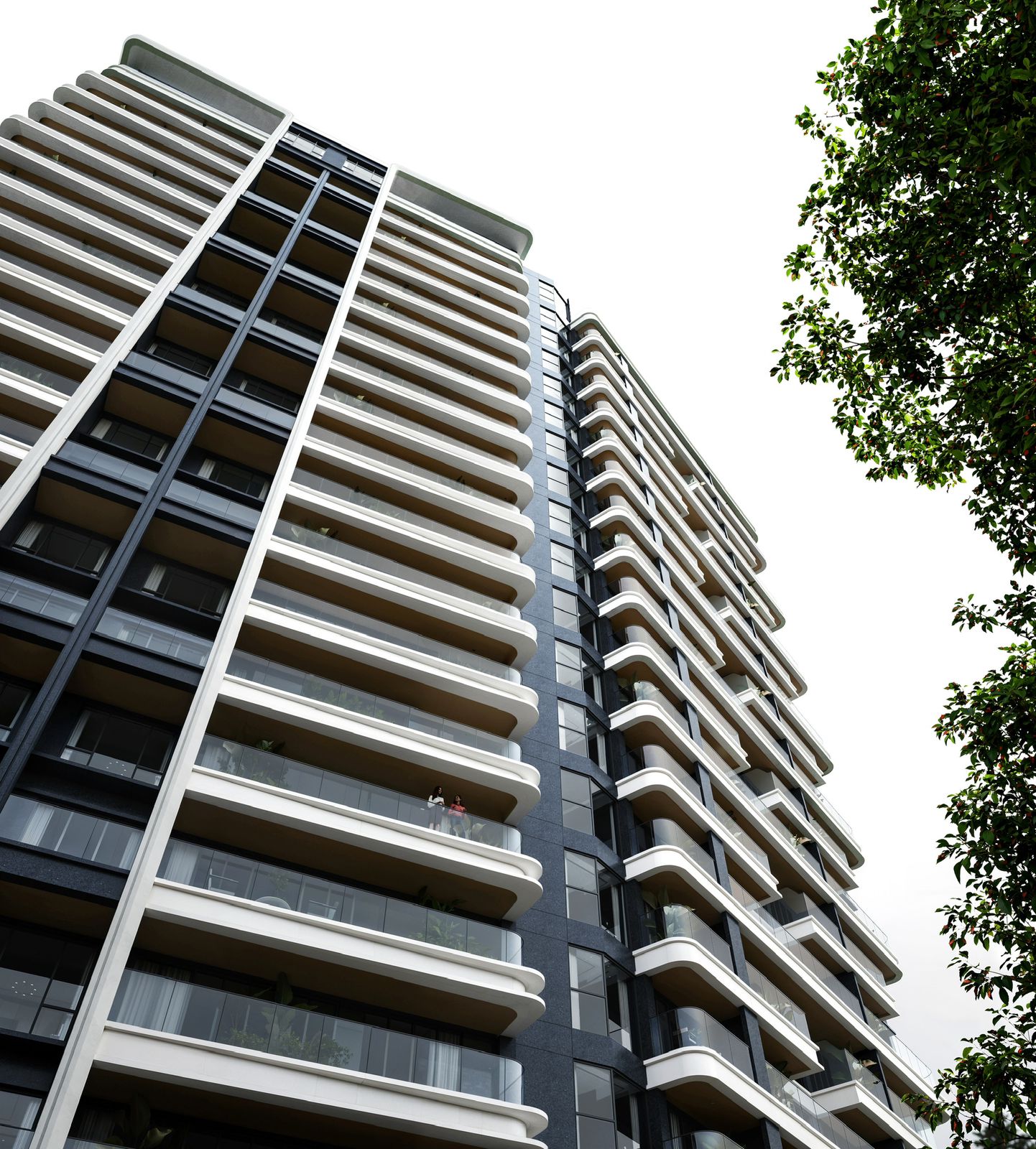 Balkis Residence Riverside Nairobi modern apartment exterior with spacious balconies and glass railings.