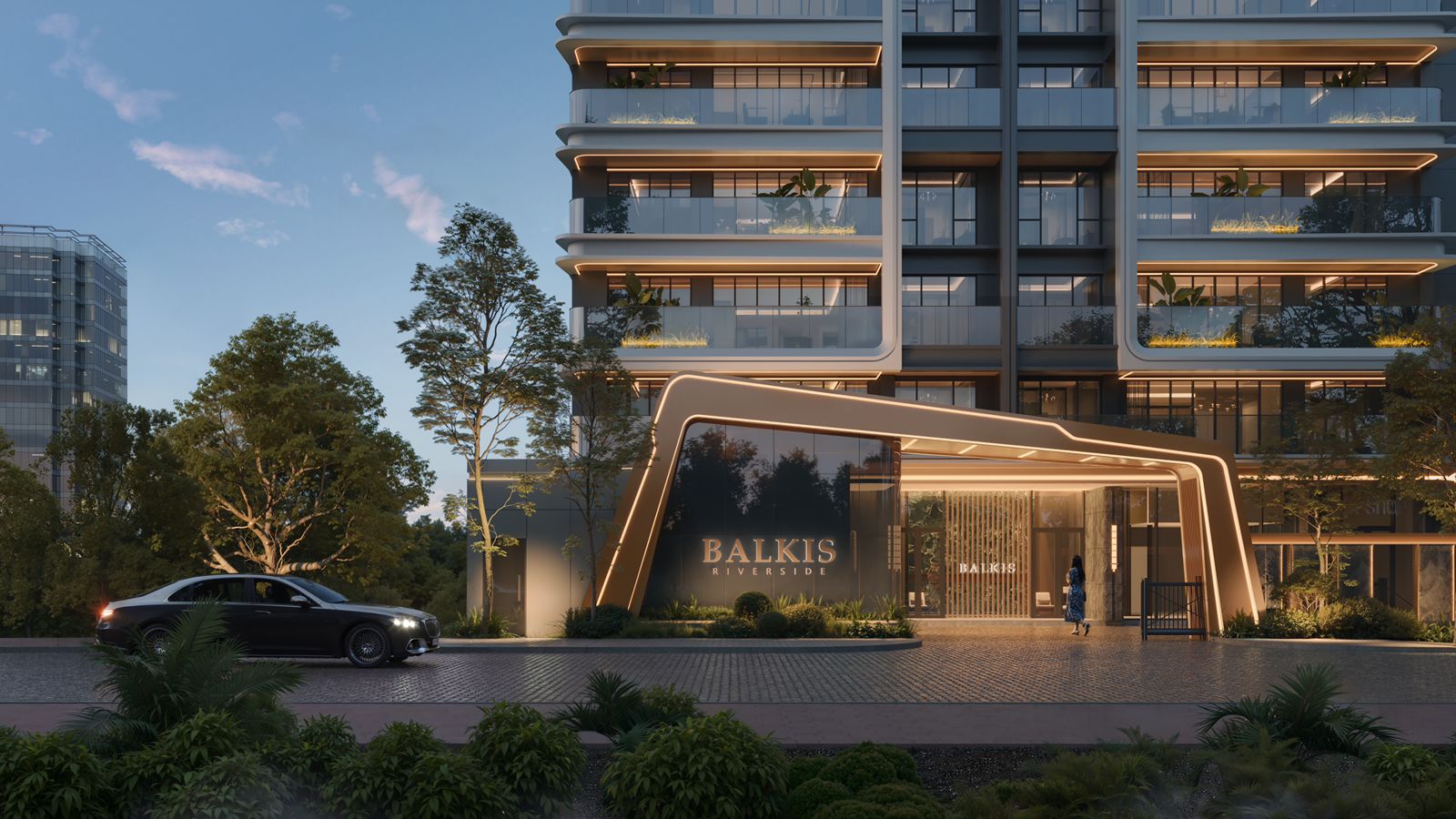 Balkis Residence Riverside Nairobi main entrance with contemporary architecture and landscaped driveway.