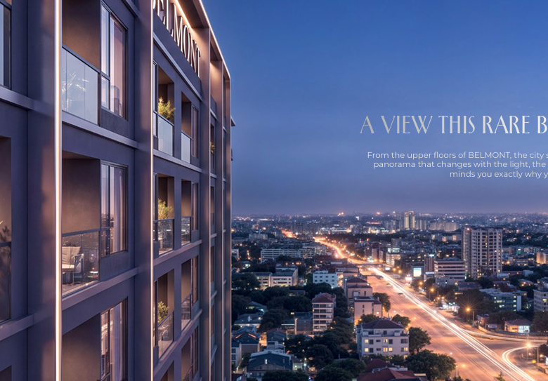 Belmont Residence Kilimani high-floor balcony rendering showing glass railings, modern apartment architecture, outdoor seating, and panoramic Nairobi skyline views at sunset.