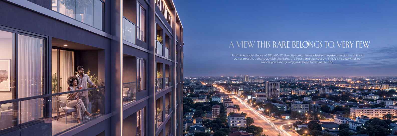 Belmont Residence Kilimani high-floor balcony rendering showing glass railings, modern apartment architecture, outdoor seating, and panoramic Nairobi skyline views at sunset.