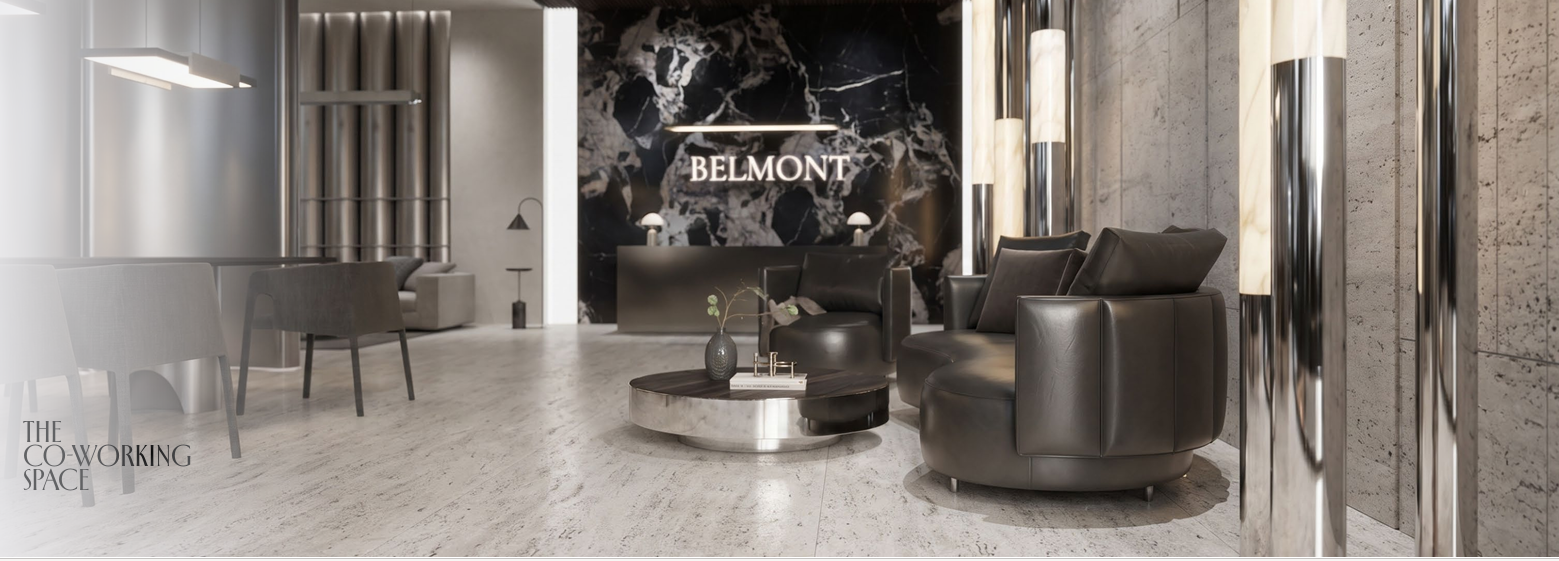 Belmont Residence co-working space rendering featuring elegant lounge chairs, a black marble reception feature wall, modern work tables, and sophisticated interior lighting.