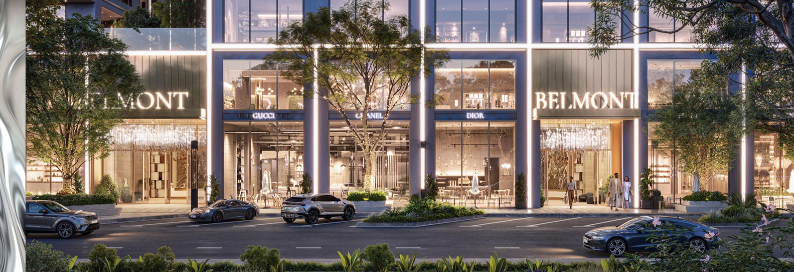 Belmont Residence Kilimani entrance rendering showing illuminated building signage, glass-fronted commercial spaces, landscaped frontage, modern architecture, and street-level access.