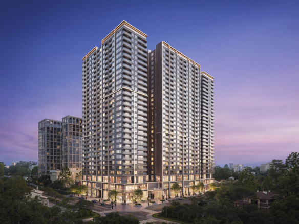 Belmont Residence apartments in Kilimani exterior rendering showing modern high-rise residential towers, multiple balconies, glass windows, and an illuminated ground-floor entrance.