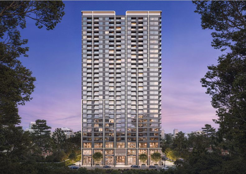 Belmont Residence Kilimani front elevation rendering featuring a contemporary high-rise apartment tower, symmetrical balconies, expansive windows, and illuminated residential entrance.