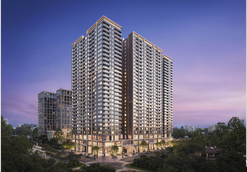 Belmont-residence-exterior Belmont Residence apartments in Kilimani exterior rendering showing modern high-rise residential towers, multiple balconies, glass windows, and an illuminated ground-floor entrance.