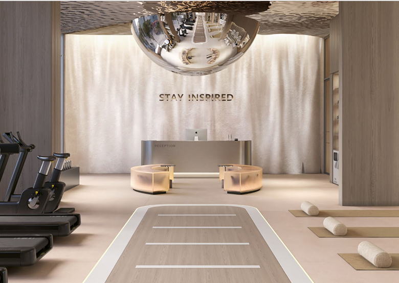 Belmont Residence fitness gym rendering featuring treadmills, exercise bikes, yoga mats, mirrored walls, modern ceiling lights, and spacious workout areas.