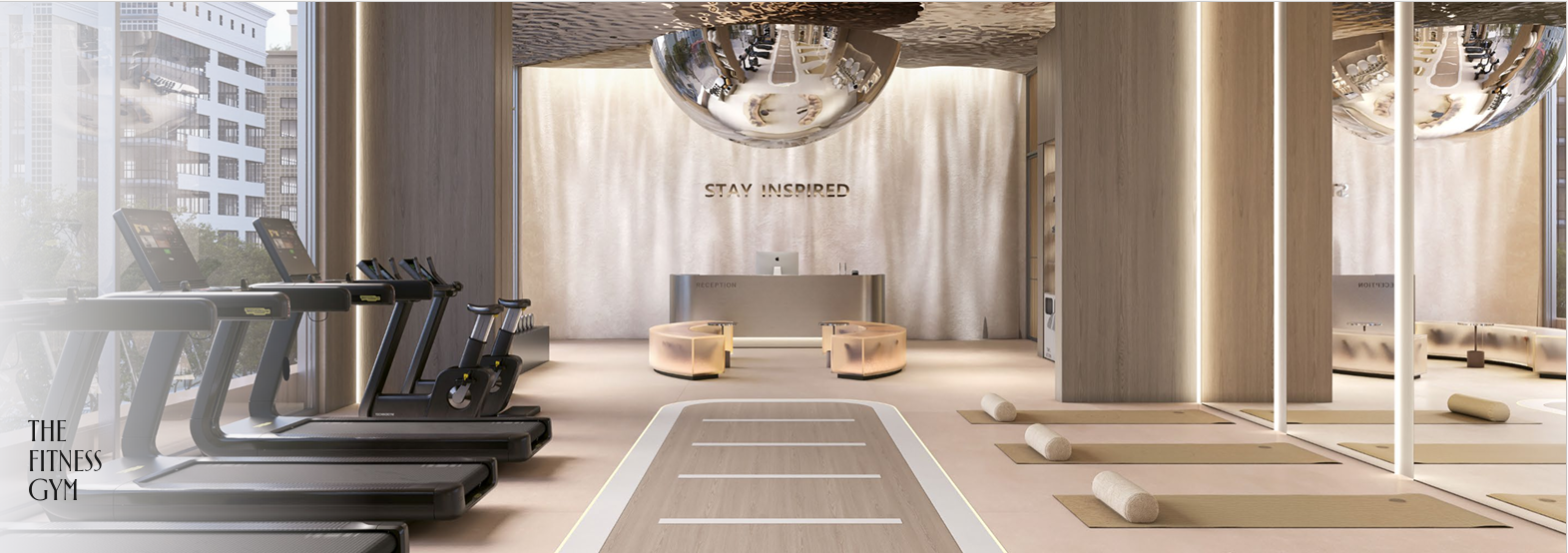 Belmont Residence fitness gym rendering featuring treadmills, exercise bikes, yoga mats, mirrored walls, modern ceiling lights, and spacious workout areas.