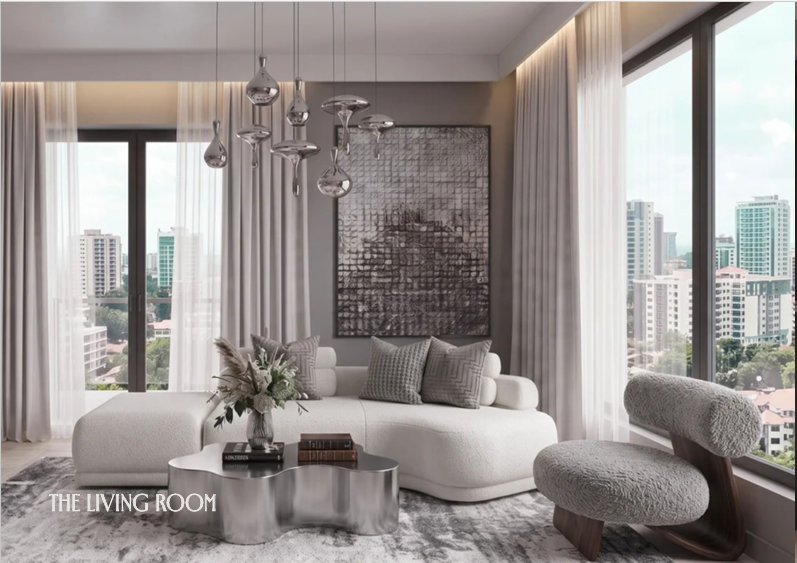 Belmont Residence luxury apartment living room featuring a curved white sofa, contemporary armchair, metallic coffee table, pendant lighting, and floor-to-ceiling windows.