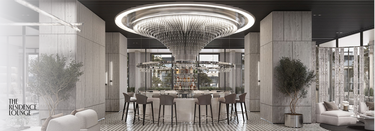 Belmont Residence residents' lounge rendering featuring an elegant circular bar, large chandelier, high stools, marble-effect walls, and comfortable communal seating.