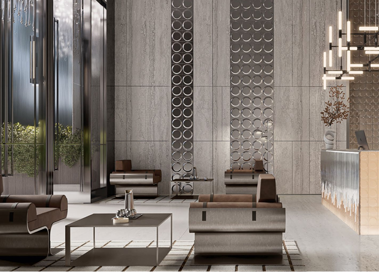 Belmont Residence Kilimani reception lobby rendering featuring modern upholstered seating, illuminated reception counter, decorative circular wall panels, and contemporary pendant lighting.