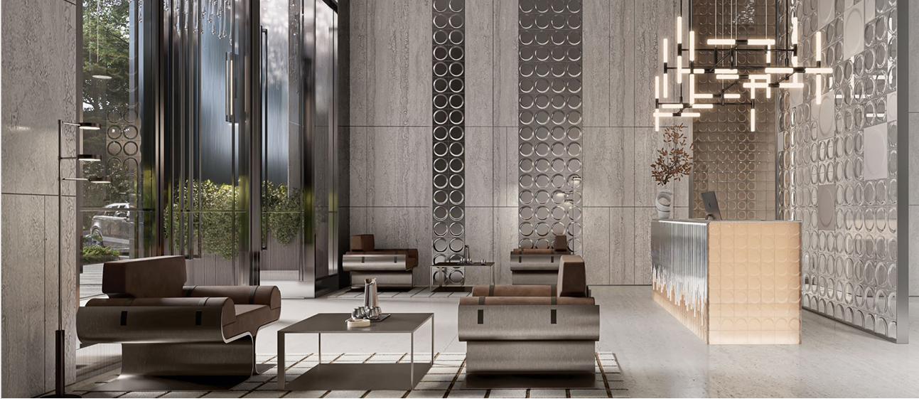 Belmont Residence Kilimani reception lobby rendering featuring modern upholstered seating, illuminated reception counter, decorative circular wall panels, and contemporary pendant lighting.