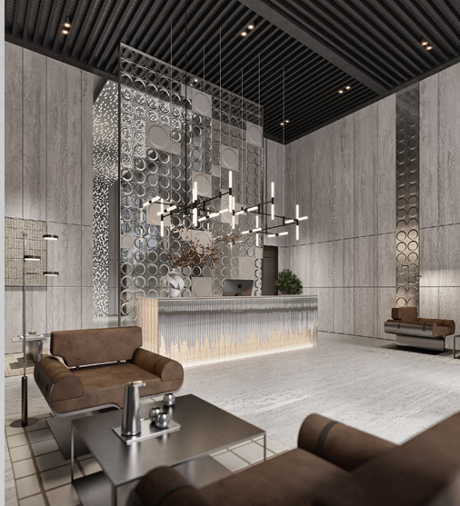 Belmont Residence modern reception desk rendering showing an illuminated front counter, decorative metallic wall screens, hanging light fixtures, and comfortable lobby seating.