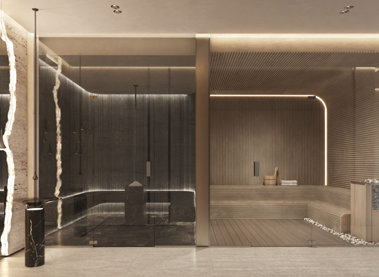 Belmont Residence wellness area rendering featuring a modern glass-enclosed steam room, wooden sauna seating, warm LED lighting, and contemporary spa finishes.