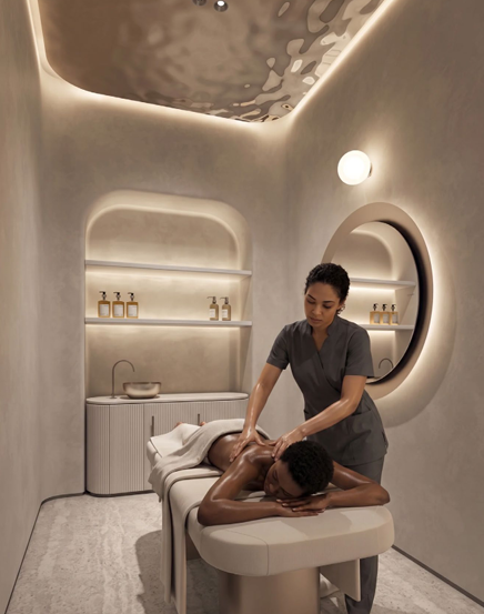 Belmont Residence luxury spa rendering showing a massage treatment room, padded massage table, professional therapist, warm ambient lighting, and elegant wellness décor.
