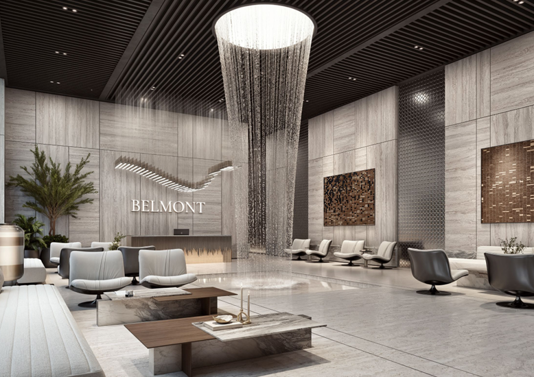 Belmont Residence grand lobby rendering featuring a dramatic ceiling chandelier, spacious waiting lounge, modern sofas, reception counter, and marble-effect interior finishes.