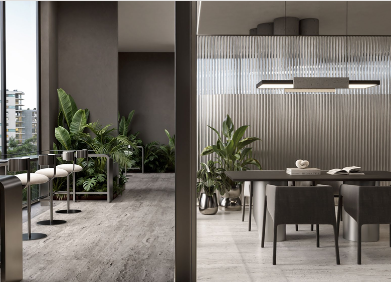 Belmont Residence modern co-working space rendering showing window-side workstations, high stools, indoor plants, private meeting tables, and contemporary office furniture.