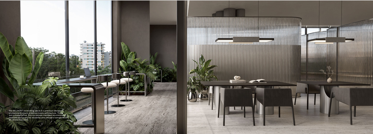 Belmont Residence modern co-working space rendering showing window-side workstations, high stools, indoor plants, private meeting tables, and contemporary office furniture.