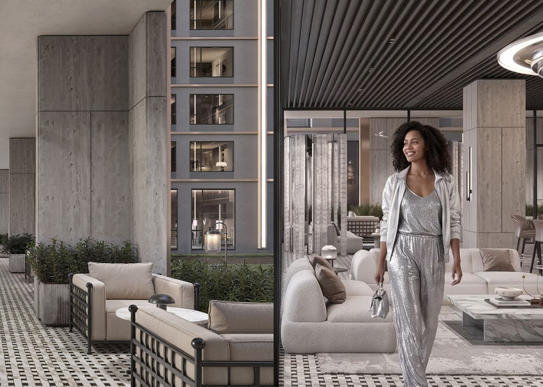 Belmont Residence co-working lounge rendering featuring comfortable sofas, modern coffee tables, indoor landscaping, contemporary columns, and spacious shared working areas.