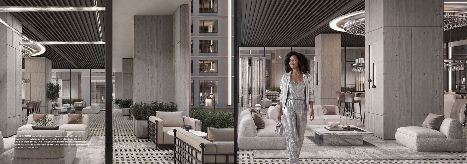 Belmont Residence co-working lounge rendering featuring comfortable sofas, modern coffee tables, indoor landscaping, contemporary columns, and spacious shared working areas.