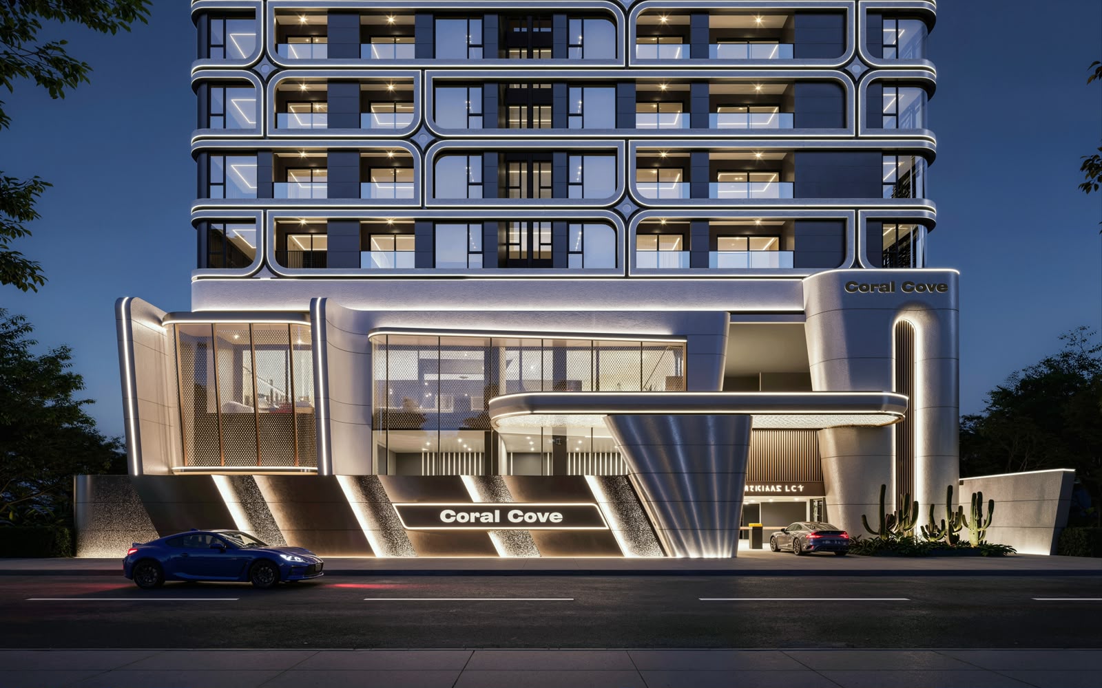 Coral Cove Residence luxury apartment entrance featuring modern architectural design, illuminated facade, glass windows and a stylish driveway at night.