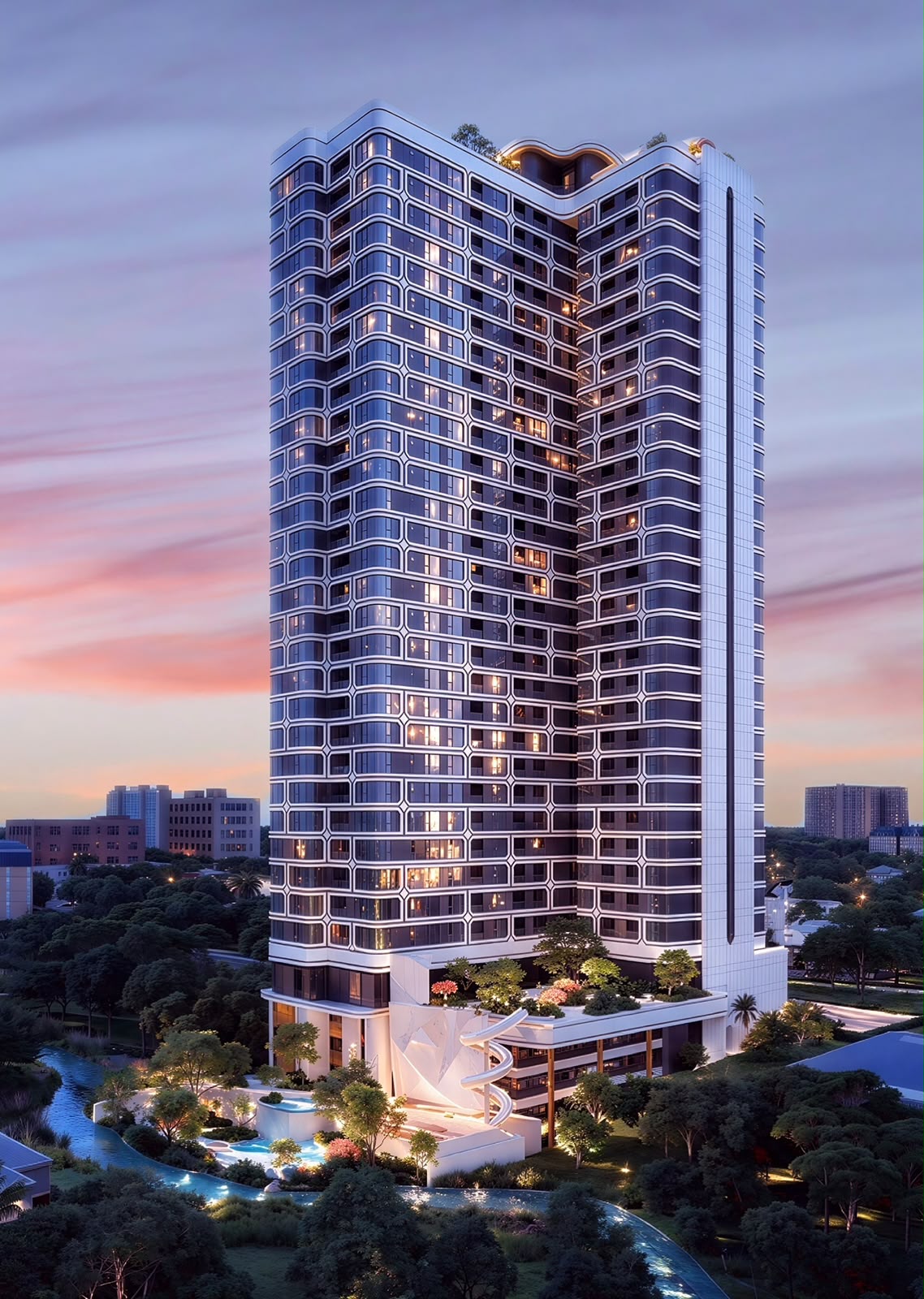 Coral Cove Residence high-rise luxury apartment tower featuring a modern curved glass facade, illuminated balconies and landscaped gardens at sunset.