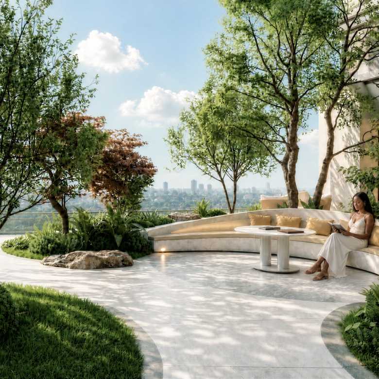 Coral Cove Residence landscaped outdoor lounge with curved seating, lush greenery, mature trees and scenic city views.
