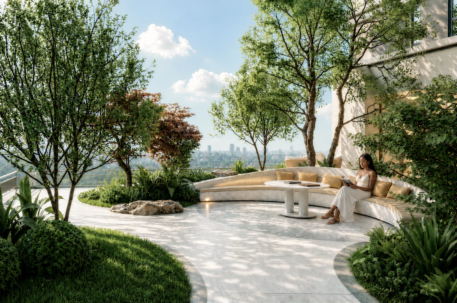 Coral Cove Residence landscaped outdoor lounge with curved seating, lush greenery, mature trees and scenic city views.