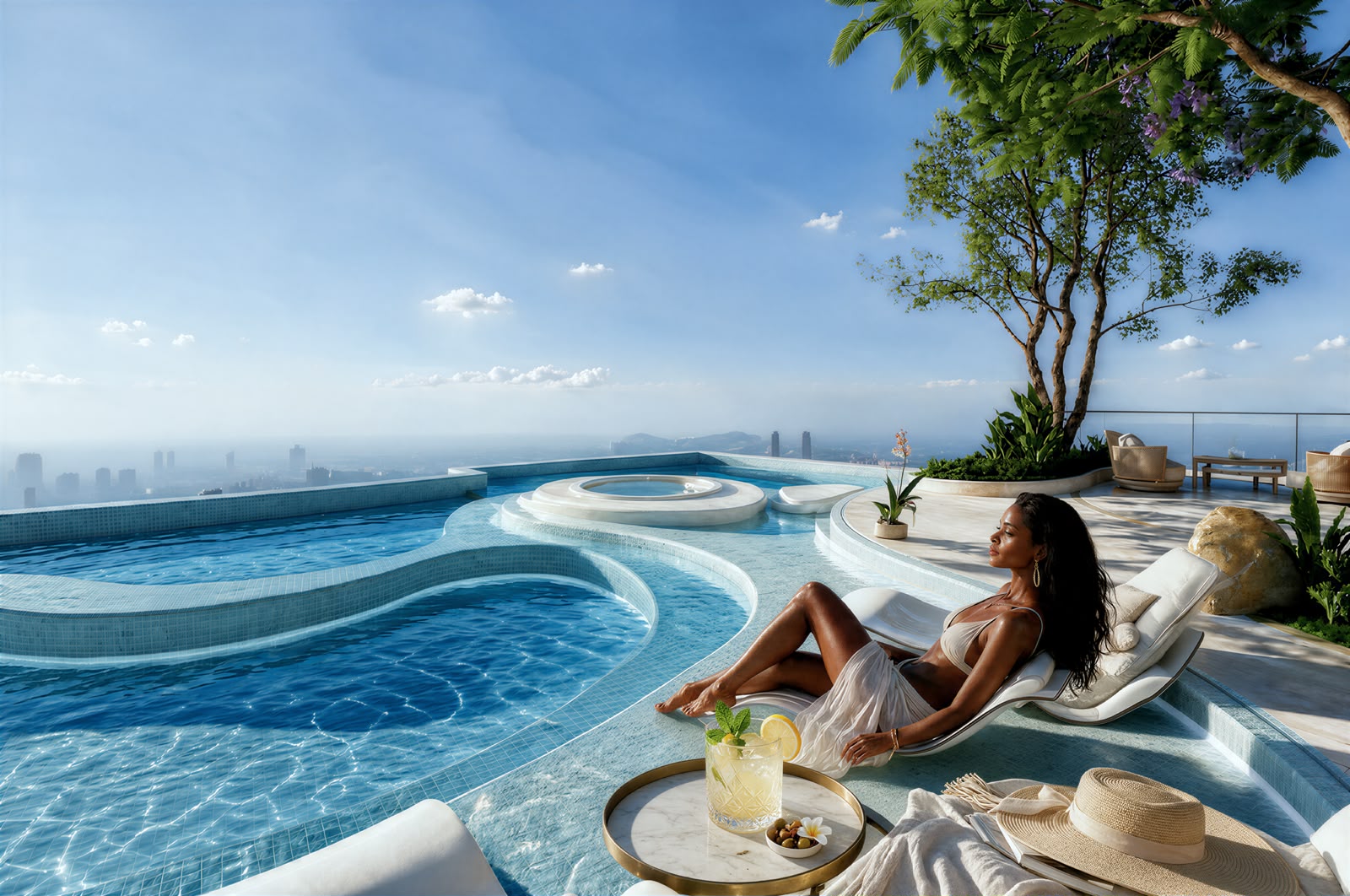 Coral Cove Residence luxury swimming pool with blue water, curved pool design, sun loungers, landscaped terrace and panoramic city views.
