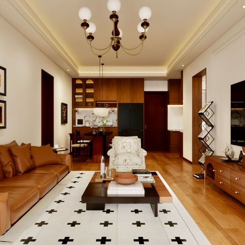 Donyo Ridge Apartments luxury living room with brown leather sofa, wooden flooring, modern TV unit and open-plan kitchen in Westlands.