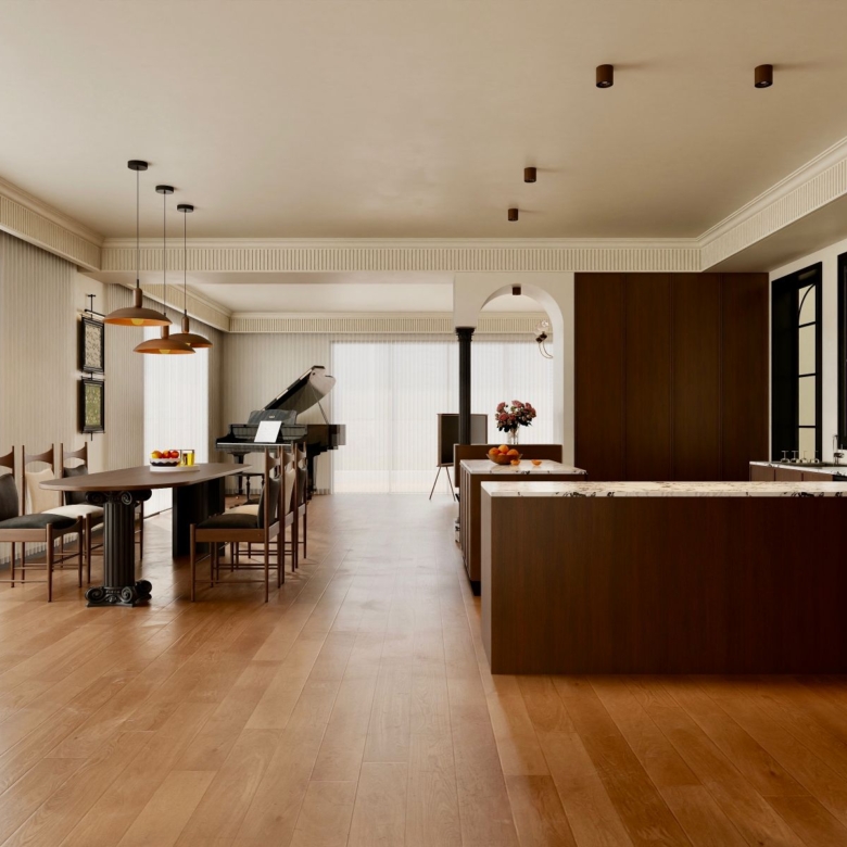 Donyo Ridge Apartments spacious dining area with open-plan kitchen, marble countertops, wooden cabinetry and modern pendant lights.