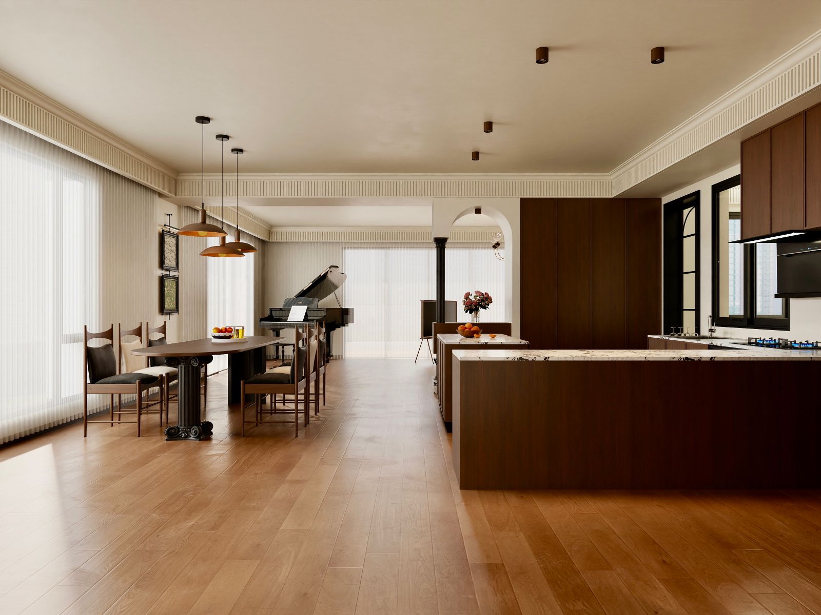 Donyo Ridge Apartments spacious dining area with open-plan kitchen, marble countertops, wooden cabinetry and modern pendant lights.