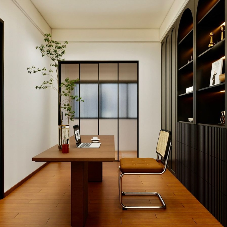 Donyo Ridge Apartments modern home office with wooden desk, built-in bookshelves, glass partitions and contemporary interior finishes.