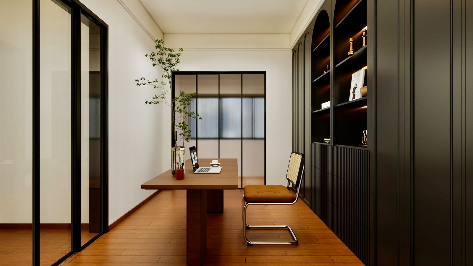 Donyo Ridge Apartments modern home office with wooden desk, built-in bookshelves, glass partitions and contemporary interior finishes.