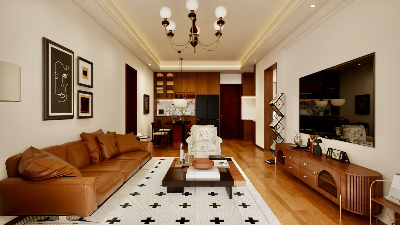 Donyo Ridge Apartments luxury living room with brown leather sofa, wooden flooring, modern TV unit and open-plan kitchen in Westlands.