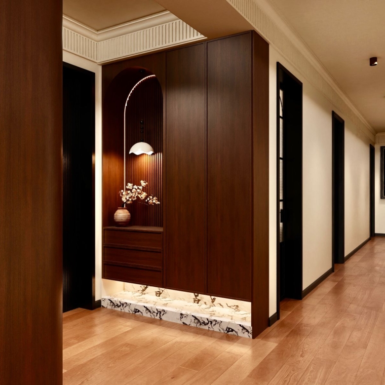Donyo Ridge Apartments modern hallway with wooden wall panels, decorative lighting, built-in storage and elegant flooring.