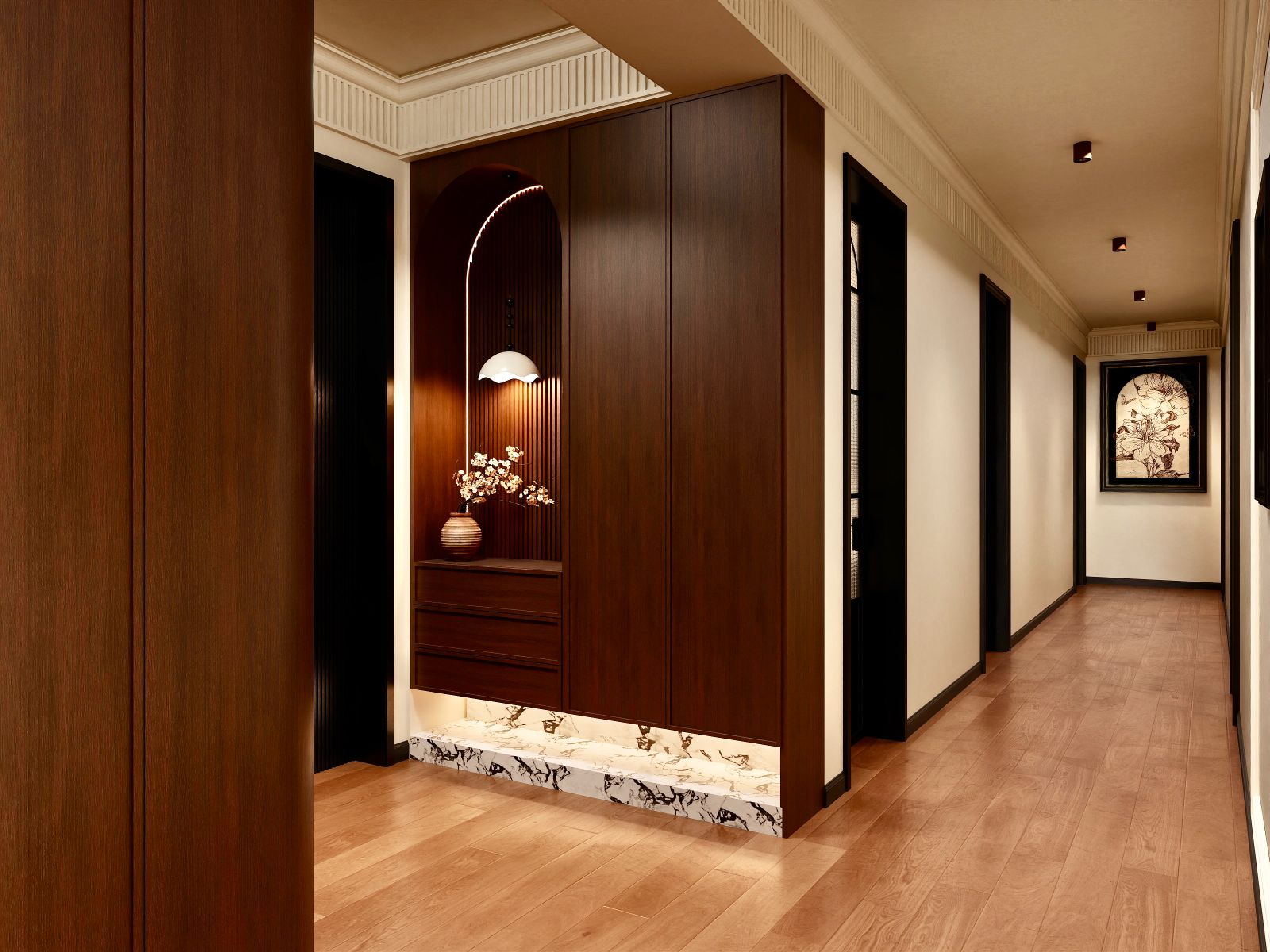 Donyo Ridge Apartments modern hallway with wooden wall panels, decorative lighting, built-in storage and elegant flooring.