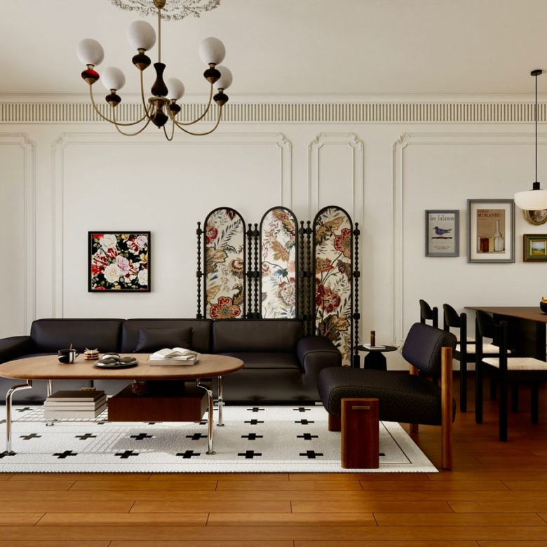 Donyo Ridge Apartments luxury living room with modern sofa, elegant dining table, decorative wall panels and wooden flooring.