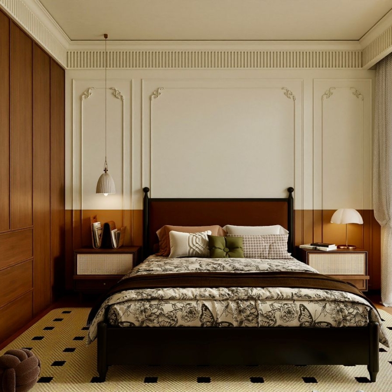Donyo Ridge Apartments luxury bedroom with fitted wardrobes, upholstered bed, decorative wall panels and private balcony access.
