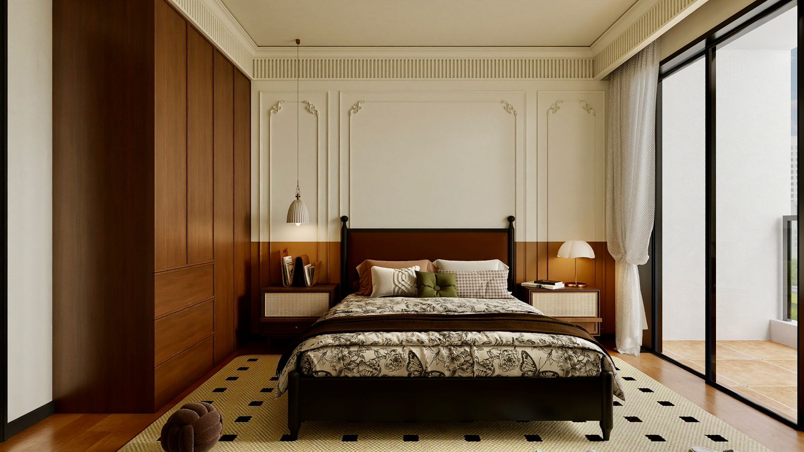 Donyo Ridge Apartments luxury bedroom with fitted wardrobes, upholstered bed, decorative wall panels and private balcony access.