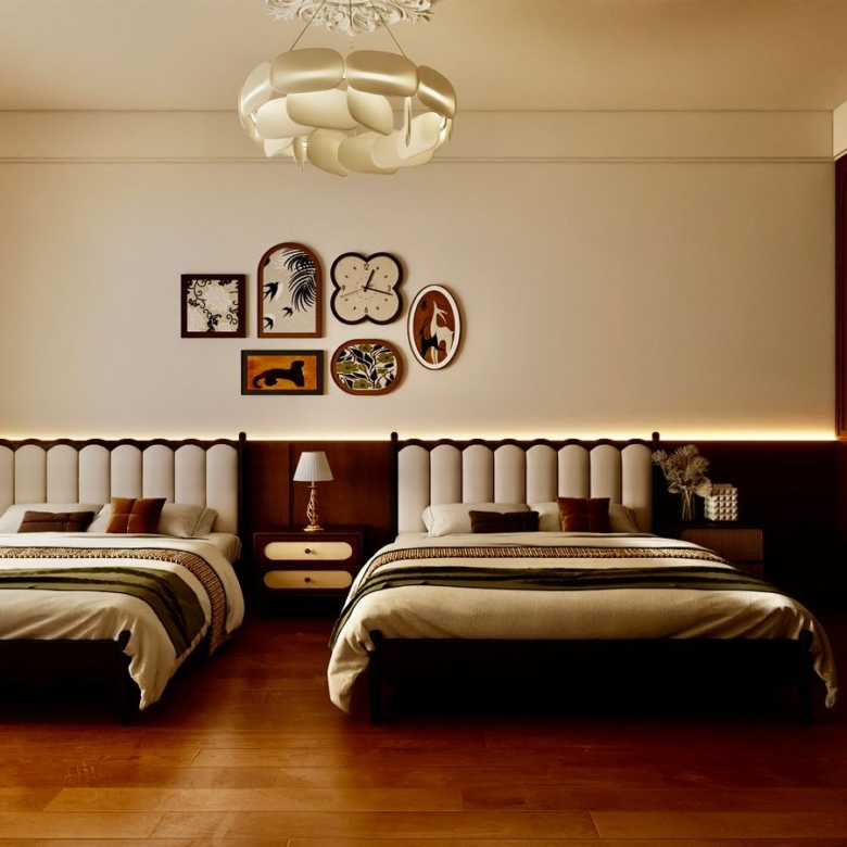 Donyo Ridge Apartments spacious bedroom with two beds, fitted wooden wardrobes, decorative chandelier and modern interior finishes.