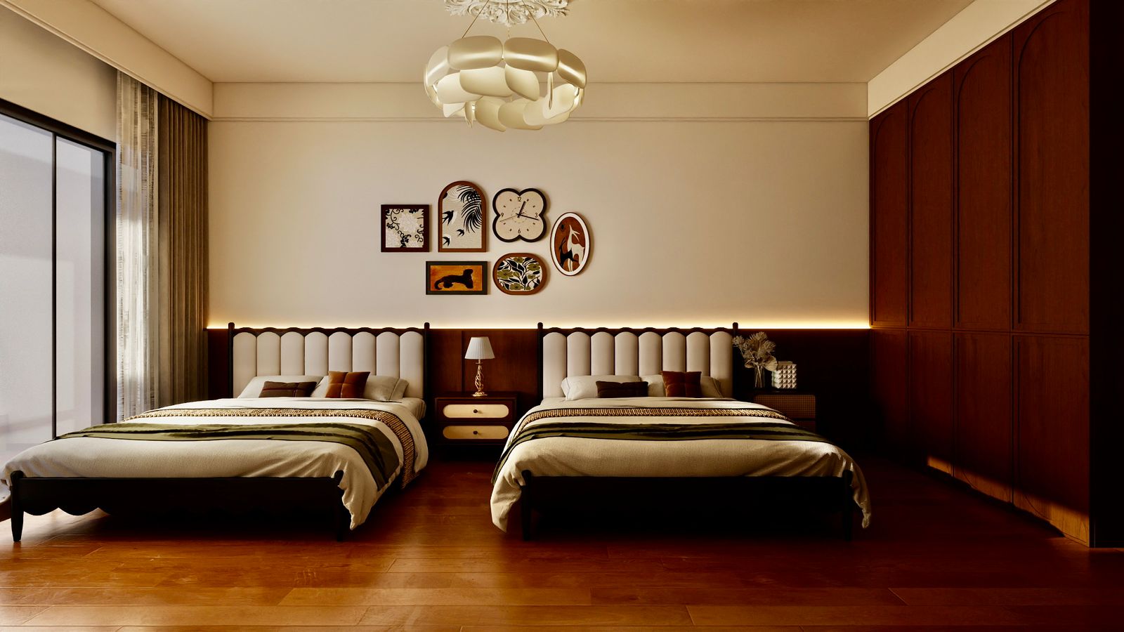 Donyo Ridge Apartments spacious bedroom with two beds, fitted wooden wardrobes, decorative chandelier and modern interior finishes.